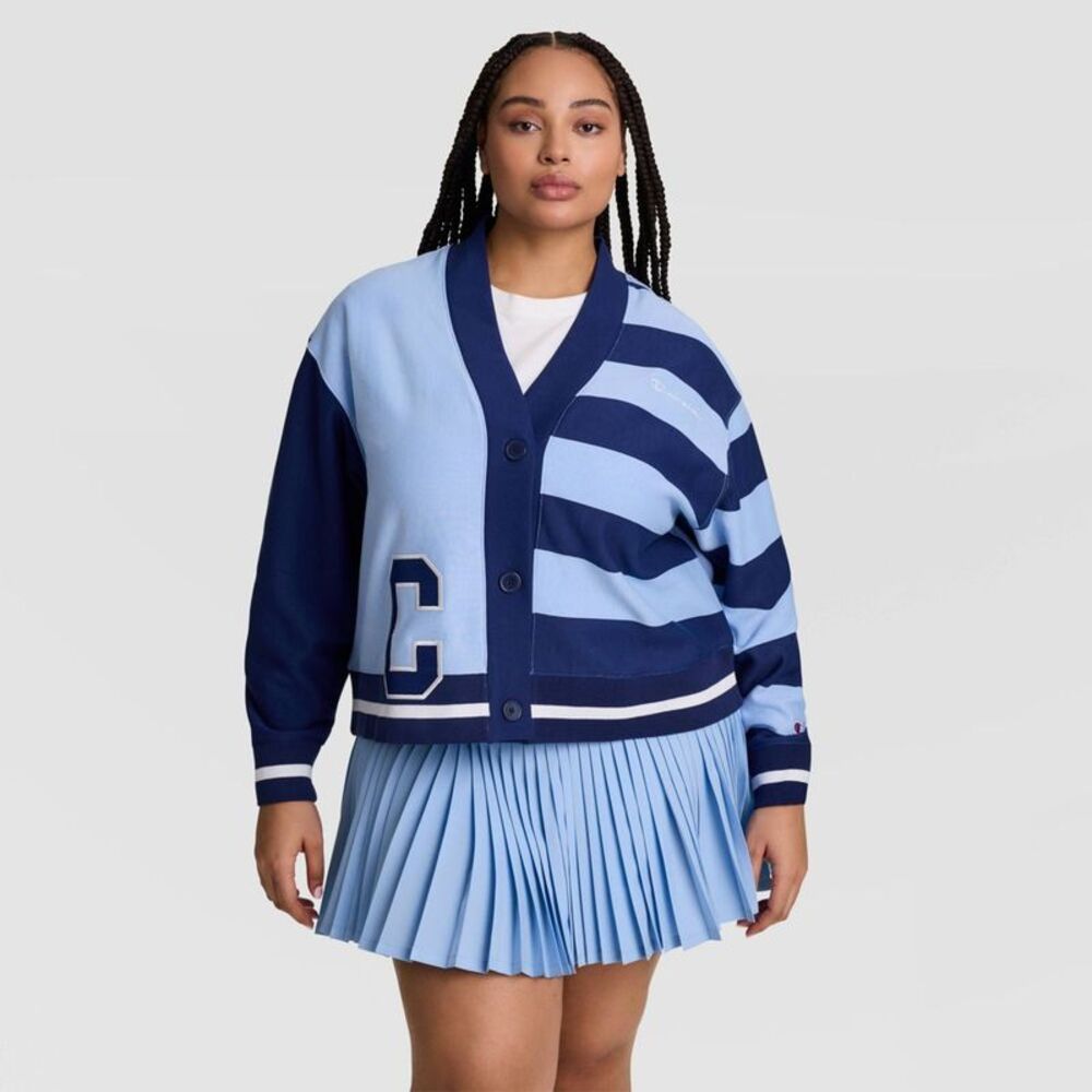 Champion Women's Collegiate Cardigan - Light Blue Striped 1X